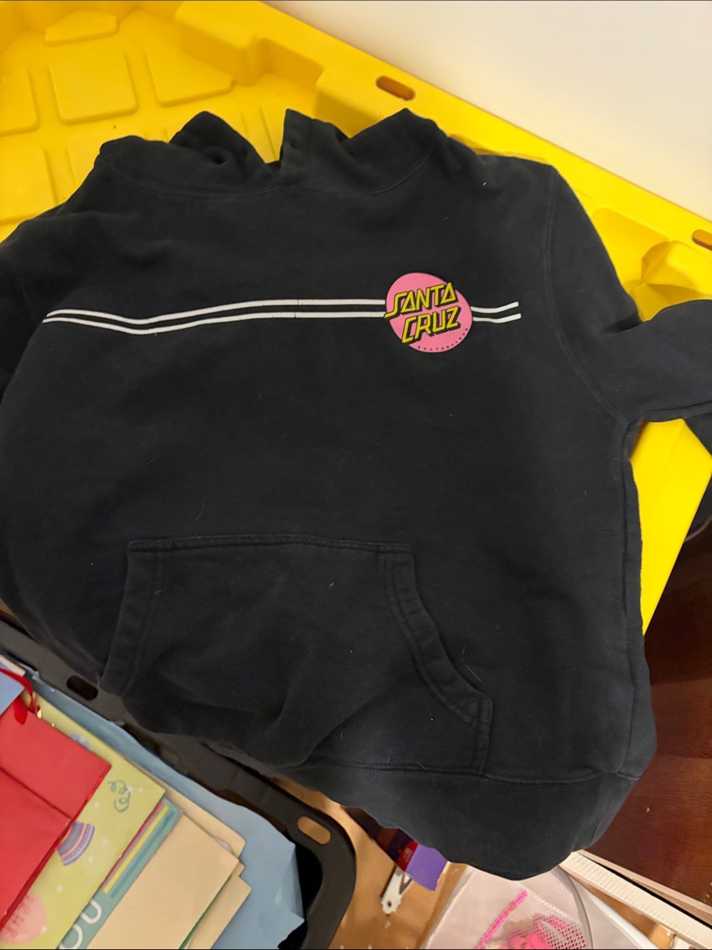Santa Cruz Skateboards Kids Black Hoodie with Pink Logo and White Stripes